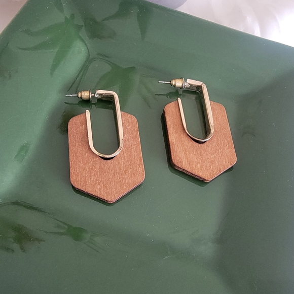 Unique Geometric Wood And Gold Earrings - Picture 2 of 5